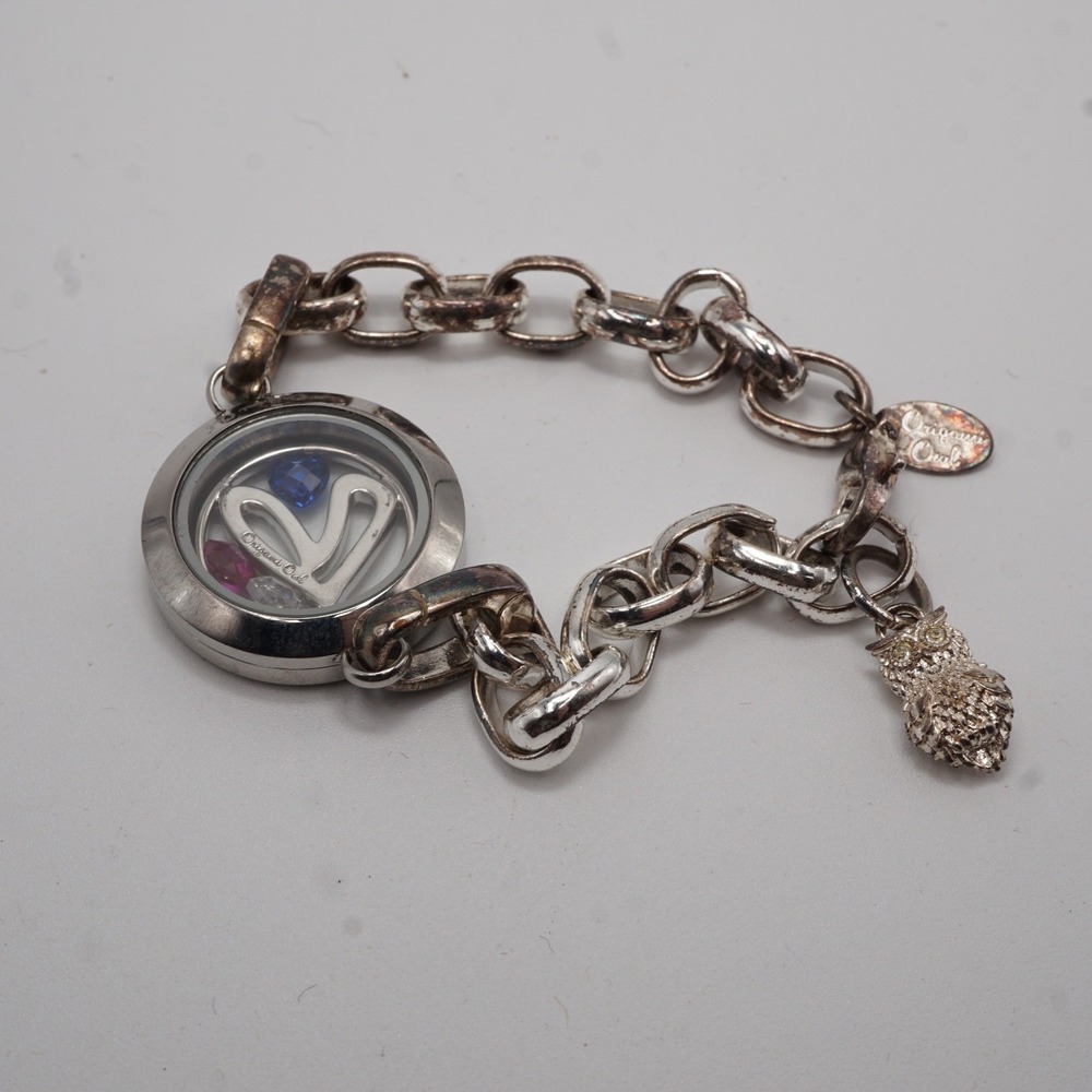 Origami Owl Silver Tone Living Locket Link Bracelet with Owl and Heart Charms